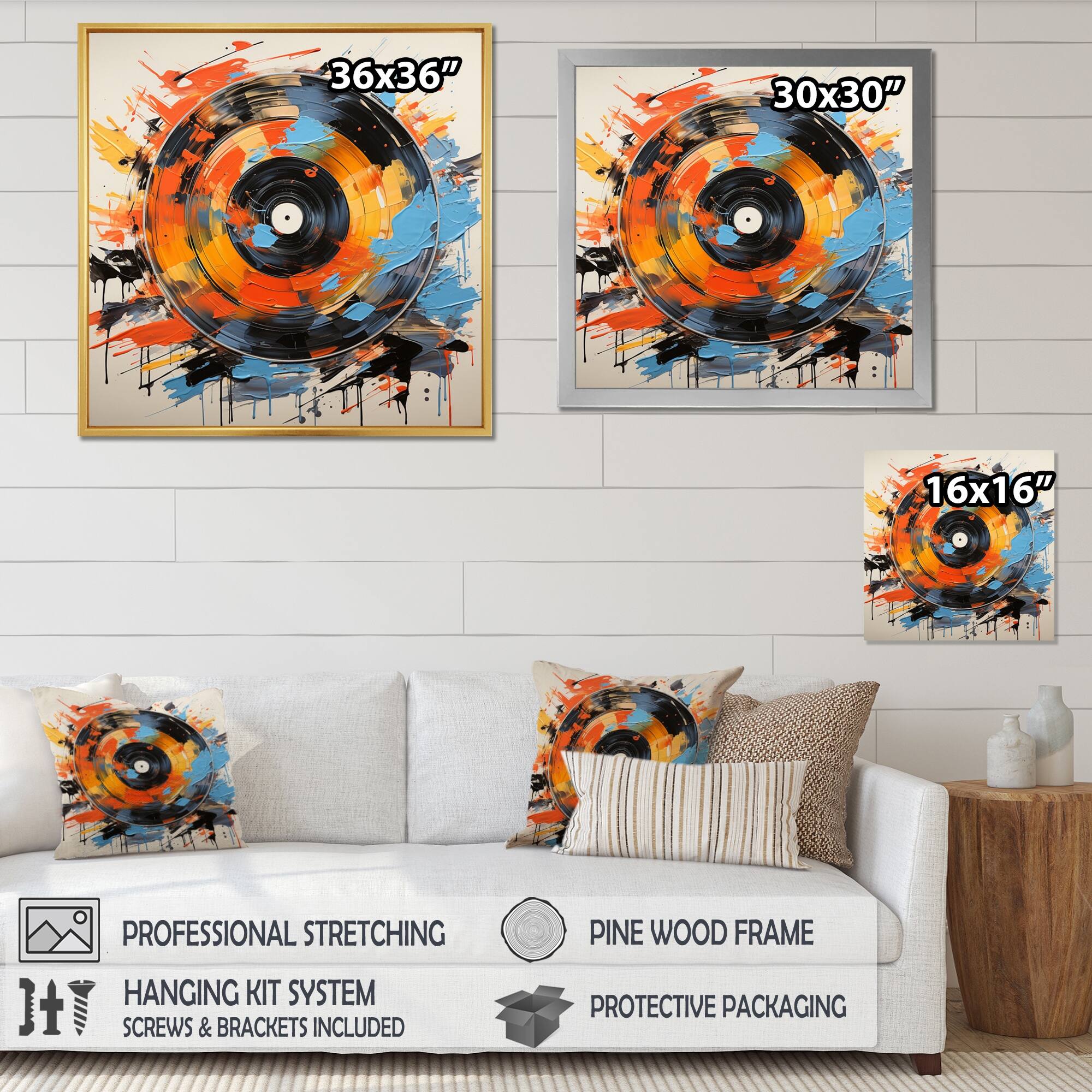Designart "Vinyl Fusion" Vinyl Records Framed Canvas Wall Art Bed